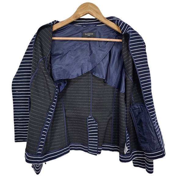 Talbots Cotton Blend Striped 3 Button Down Casual Blazer Navy White Size LP - Picture 9 of 11